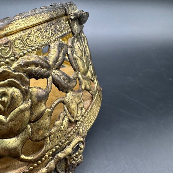 Vintage Jewelry Casket Box Floral Gold Tone Metal Glass Rose Flower Trinket Dish - Picture 7 of 10